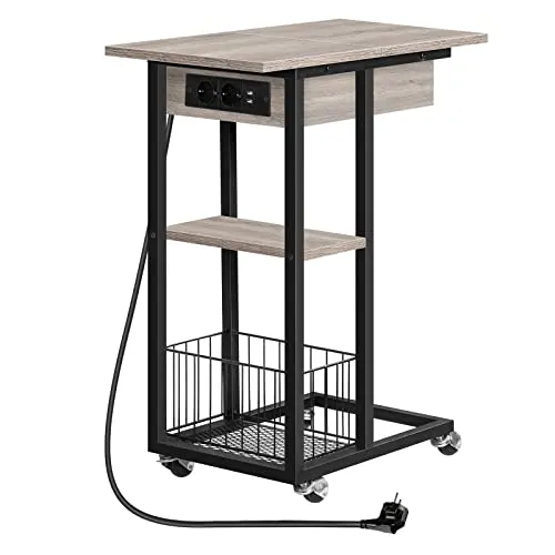 HOOBRO Beistelltisch mit Ladestation - Beistelltisch fürs Wohnzimmer mit integrierter Ladestation, 2 AC-Steckdosen und 2 USB-Anschlüssen für gleichzeitiges Laden von Geräten. C-förmiges Design mit 360° drehbaren Rollen für Flexibilität und Komfort.