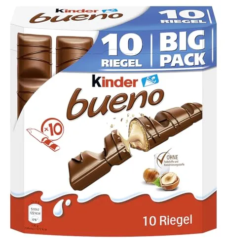 Schokoriegel Kinder-Bueno 215g, 10 knusprige Riegel - Zarte Waffel-Riegel mit Milch-Haselnuss-Creme, umhüllt von Vollmilchschokolade. Ideal zum Teilen und Genießen, ohne künstliche Farb- und Konservierungsstoffe.