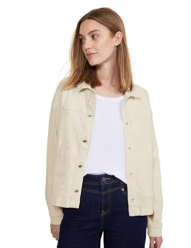 Street One Damen Jeansjacke ecru washed 46 - Funktionsjacken mit Kragen, Knopfleiste und Taschen in Beige Waschung – der vielseitige Allrounder für deine Outfits in der Übergangszeit.