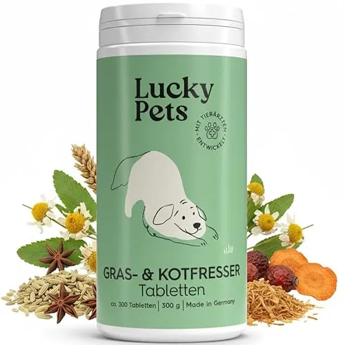 Lucky Pets Gras- & Kotfresser Tabletten Hund – 100 % pflanzlich und magenschonend – Mit Ulmenrinde und Heilerde – Gras und Kotfresser Drops Hund gegen Fressverhalten bei Nährstoffmangel