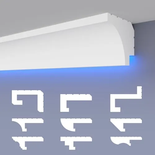 HEXIMO LED-Schattenfugenprofil Stuckleisten, indirekte Beleuchtung XPS-Styropor-Trockenbau-Deckenleisten für Wand-Deckenverkleidung (10,2 Meter HLED 27)