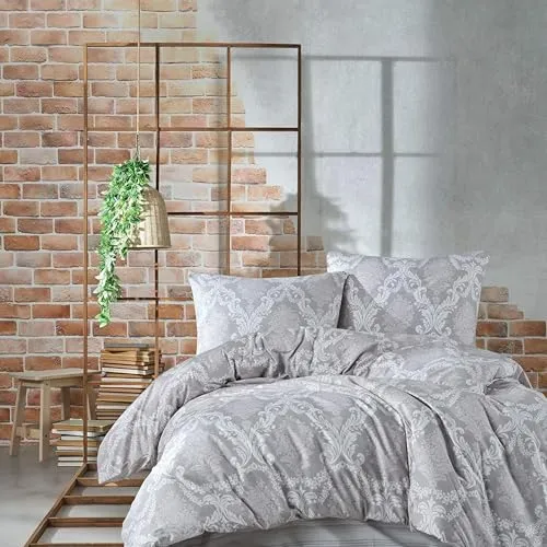 ZIRVEHOME Bettwäsche 240x220 cm. 3 teilig Set. grau, 100% Baumwolle/Renforcé mit reißverschluss atmungsaktiver bettbezug weiß barock Gemustert Kissenbezug 80x80 cm. Fiorita V2