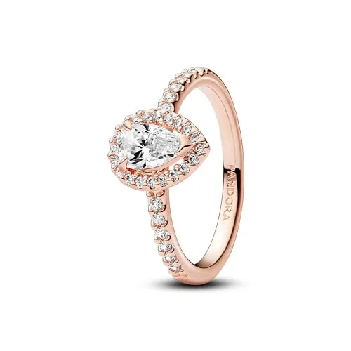 Pandora Ring Sparkling Pear Halo 182835C01-56 - Fingerringe – Eleganter Pandora-Ring in rosé mit funkelnden Kristallen, gefertigt aus 14 Karat rosé vergoldeter Metalllegierung, Größe 56.