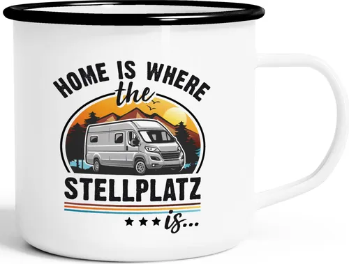Emaille-Tasse Camping Home is where the Stellplatz is Geschenke für Camper Wohnmobil Spruch lustig Moonworks®
