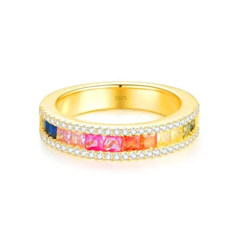 Halb-Regenbogen Ring aus 925 Sterlingsilber mit Buntstein-Verzierung umrahmt von glitzernden Zirkonia Steinen, Farbenfroher Luxus Damenring mit Bunten Steinchen für Frauen und Damen (Gold, 56)