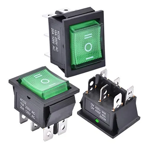 APIELE 3 Stücke Kippschalter,3 Position EIN-Aus-EIN mit LED-Schalter DPDT 6 Pins Wippschalter,250V 16A Taste Rocker Kippschalter Für Häuser, Industrie,DIY KCD2-203N (Grün)