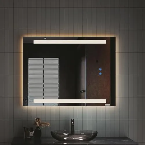 IMPTS LED Badspiegel mit Beleuchtung Badezimmerspiegel mit Touchschalter Anti-Beschlag Beschlagfrei Dimmbar Neutralweiß 4000K IP44 Bad Wandspiegel mit Licht 70x50cm