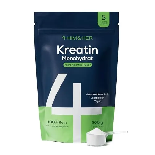 Kreatin Monohydrat Pulver 500g, 5 Monatsvorrat – 100% Rein, Geschmacksneutral, Leicht Löslich, 147 Portionen – Mikronisiert 200 Mesh – Vegan für Männer & Frauen, Glutenfrei, Ohne Zusätze – 4 HIM & HER