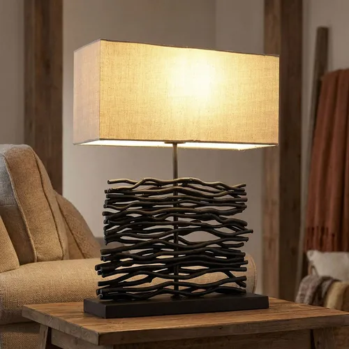 LED Tischlampe aus Holz mit Stoffschirm - Warmweiß, 50 cm - Tischleuchten mit einzigartigem Design aus Holz und grauem Stoffschirm. Inklusive dimmbarem LED-Leuchtmittel für individuelle Lichtstärke und -farbe.
