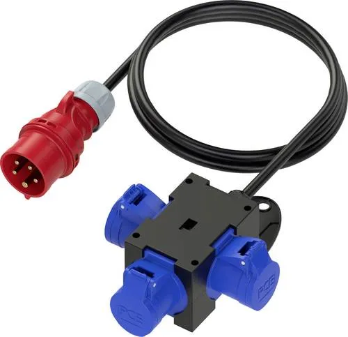 PCE CEE Stromverteiler 9430439 400V 16A - Mobiler Kunststoffverteiler für 400V, ideal für Baustellen und Veranstaltungen, betriebsfertig mit 1,5m Kabel und 3x CEE-Cara-Steckdose 16A.