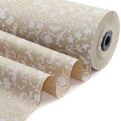Blumenpapier Ornament weiß auf braun 75 cm x 300 m | 40 g/m² Recyclingpapier | Blumenseide auf Rolle | Blumen verpacken | HUTNER