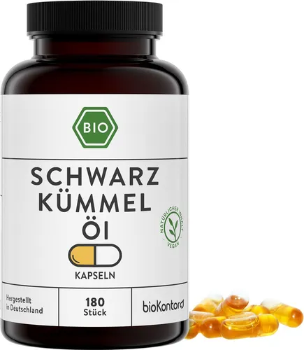 Schwarzkümmelöl Kapseln - 180 vegane Kapseln, kaltgepresst und naturbelassen - Nahrungsergänzungsmittel mit 56 % Linolsäure, ideal für eine gesunde Fettaufnahme. Jede Kapsel enthält 500 mg hochwertiges Schwarzkümmelöl, rein pflanzlich und vegan.