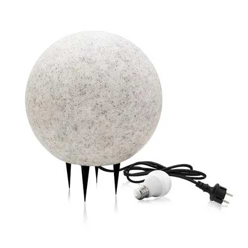 ekobi Stein Kugelleuchten Außen Wasserdicht und Winterfest IP65 Gartenlampe Aussen, IP65 Kabel 2m Garten Deko, Gartenleuchten mit Strom (ø38 cm (L) + Glühbirne)