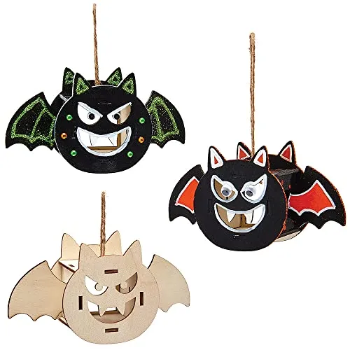 Baker Ross FX196 Hängende Fledermaus Bastelsets-3er Pack, Holz Teelichthalter Bemalen, Halloween Basteln für Kinder, Mittel
