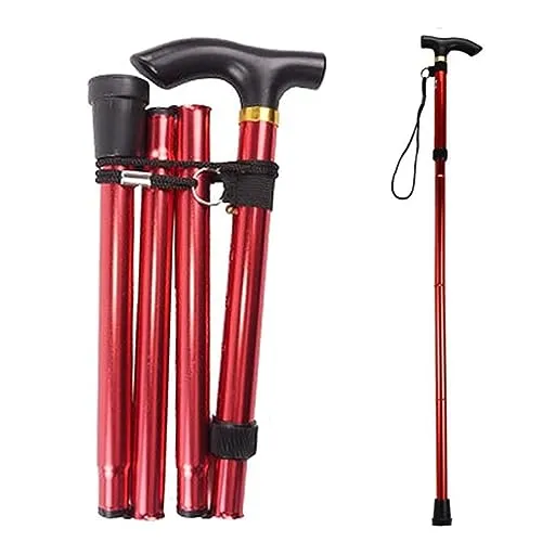 ZHjuju Gehstock Klappbar, Gehstock Damen Faltbar Gehstock Krückstock Spazierstock Aluminium Rot Einstellbar Spazierstock Verstellbarer Gehstöck Höhenverstellbarer Haltbarer Ausziehbarer Gehstock