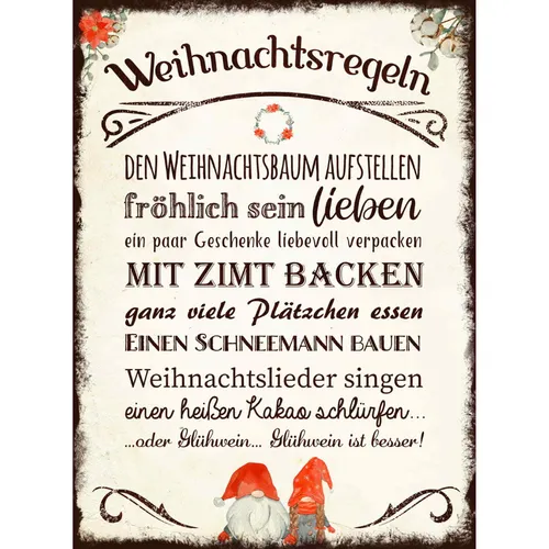 Interluxe Schild Metall A4 Wandschild - Gnome Weihnachtsregeln - Winterzeit Deko