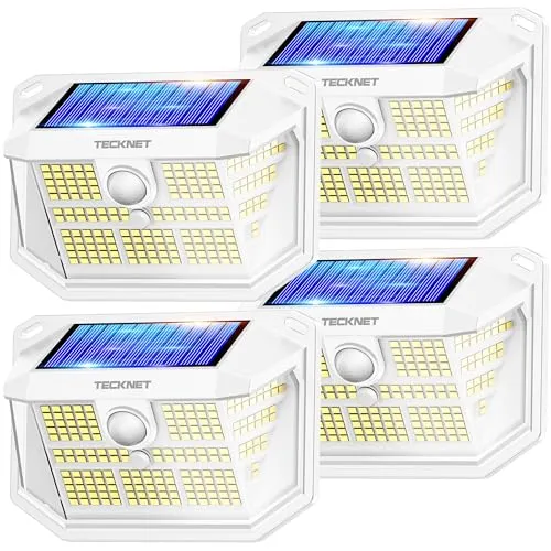 TECKNET Solarlampen für Außen, 【4 Stücke】 231 LED/300 ° Beleuchtung (Beleuchtung 35 m²), Hohe Helligkeit, Solarleuchten mit Bewegungssensor, 3 Modi, IP65, Wasserdicht, LED-Solarstrahler für Garten