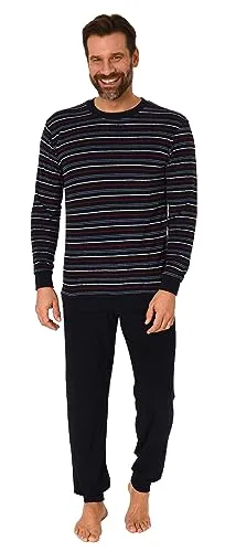 Normann Herren Frottee Schlafanzug Langarm, Pyjama mit Ringel-Muster, Größe 50 - Weicher Frottee-Schlafanzug für Herren in modernem Ringel-Design. Ideal für kalte Nächte, mit bequemer Passform und Maschinenwaschbarkeit. Markenqualität von Normann seit 1903.