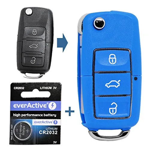 Auto Schlüssel Funk Fernbedienung 1x Gehäuse 3 Tasten Blau + 1x Rohling HA66 + 1x CR2032 Batterie für VW SEAT Skoda
