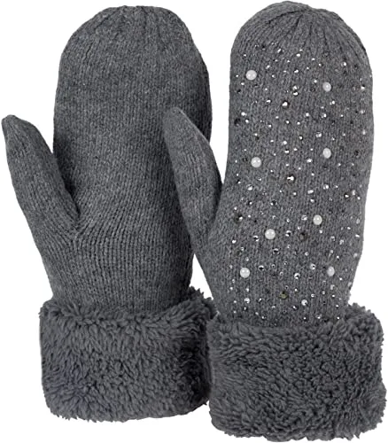 styleBREAKER Damen warme Winter Strick Fäustlinge mit Strass und Perlen, Handschuhe, Thermo Fleece, Strickhandschuhe 09010039, Farbe:Grau