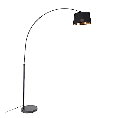 Qazqa Moderne Bogenlampe Schwarz mit Gold und Wifi Dimmer - Standleuchten & Deckenfluter - Dimmbar mit inkludiertem Dimmer, ideal für Wohnzimmer und Schlafzimmer, sorgt für gemütliche Beleuchtung.