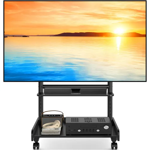 TVON Schwarzer TV Ständer Rollbar für 40-86 Zoll Fernseher - Universeller TV Rollwagen für Fernseher von 40 bis 86 Zoll, höhenverstellbar und einfach zu bewegen dank 360° Rollen. Robuste Konstruktion mit max. 68 kg Tragfähigkeit für stabilen Einsatz.
