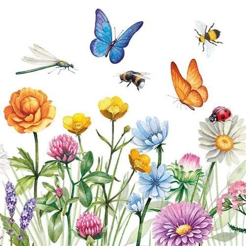 Servietten Butterfly Meadow Blumen Wiese Biene Libelle Tischdeko 33x33cm 20