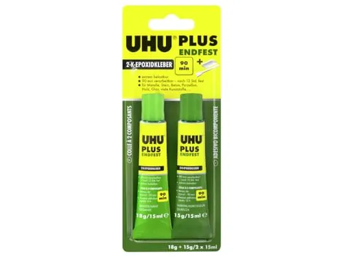 UHU 2-Komponentenkleber Plus Endfest, Glasklarer und höchst belastbarer 2K-Klebstoff, 33 g, Endfest - 2x 15 ml