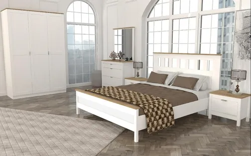 Schlafzimmer Möbel Set 5tlg - Bett, 2 Nachttische, Kommode, Schrank in Weiß - Vielseitiges 5-teiliges Set für das Schlafzimmer: Bett mit 160x200 cm Liegefläche, 2 Nachttische, Kommode und Kleiderschrank. Modernes Design in Weiß, ideal für stilvolle Wohnräume. Montage erforderlich.