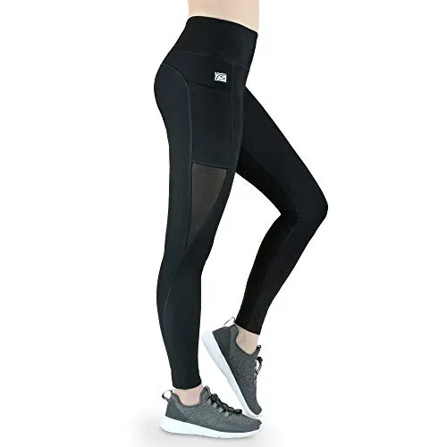 Sport Leggings schwarz mit Mesh Einsatz und Handytaschen - Damen Laufhose - Sportleggings für Damen mit integriertem Handyfach und hohem Bund für optimale Kompression und Komfort. Ideal für Laufen, Yoga und Freizeitaktivitäten.
