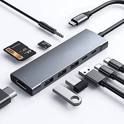 USB C Hub Adapter 9in1 für iPad Pro und MacBook - Vielseitiger USB-C Hub mit 4K HDMI, 3xUSB 3.0 und 60W PD Aufladung, ideal für iPad Pro und MacBook. Perfekte Erweiterung für Ihre Geräte und schnelle Datenübertragung.