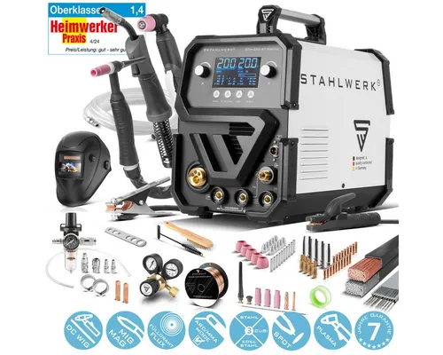 STAHLWERK Kombi-Schweißgerät CTM-250 ST Digital 5-in-1 - Vielseitiges Schweißgerät für Profis, bietet 5 Funktionen in einem Gerät und kommt mit umfangreichem Zubehör für WIG, MIG und Plasma-Schweißen.