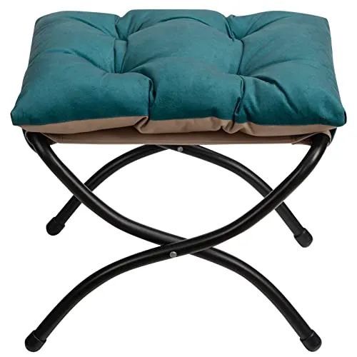 HollyHOME Fußhocker Klappbar Fußablage Fußstütze Faltbar Sitzhocker mit Metallbeinen Fusshocker mit Abnehmbar Gepolsterte Sitzfläche, Pfauenblau