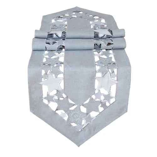 texpot Tischläufer 40 x 175 cm hellgrau Spitze Enden Stickerei Sterne Weihnachten Tischdecke Weihnachtstischläufer