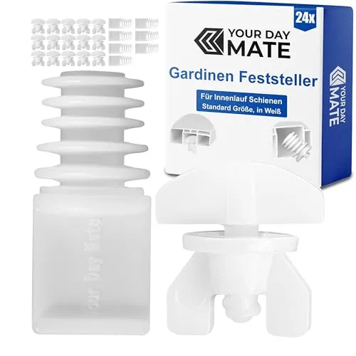 Gardinen Feststeller Set, 24 Stück, in Weiß, aus Kunststoff, 2 Varianten, Gardine Stopper für Schienensysteme mit Innenläufen, Zwischenfeststeller Vorhangschiene, Endstopfen Schiene, Endfeststeller