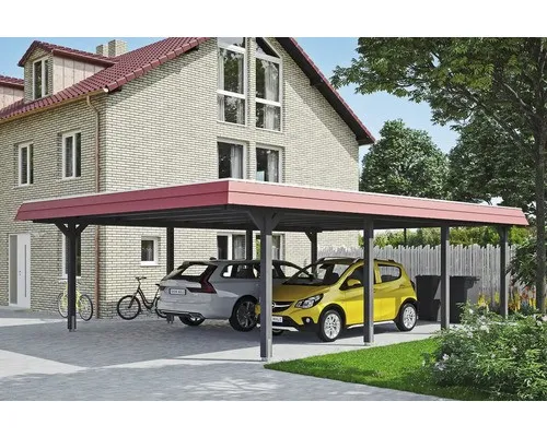 Doppelcarport SKAN HOLZ Wendland mit roter Blende - Geräumiger Flachdach-Carport 630 x 879 cm aus Holz, inklusive Pfostenanker – idealer Schutz für Ihr Fahrzeug und stilvolle Ergänzung für Ihren Garten.