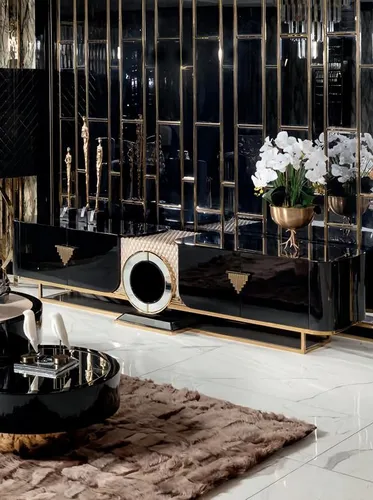 Elegantes Lowboard für das Wohnzimmer aus Holz mit Edelstahl-Details - TV-Halterungen, modernes Design mit 4 Flügeltüren und offenen Regalen für stilvolle Präsentation und Stauraum in Ihrem Wohnzimmer.