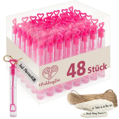 WeddingTree Seifenblasenstab 48-teiliges Set in PINK - 48 Seifenblasen in Herzform für Hochzeiten und Feiern. Ideal als Tisch-Dekoration und Gastgeschenk, sorgen sie für unvergessliche Momente und traumhafte Fotos. Ein großer Spaß für Jung und Alt!