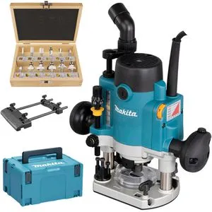 Makita Oberfräse RP1111CJFA - 1100 W, 0-57 mm Hubhöhe, mit 12-teiligem Fräser-Set und praktischer Anti-Restart-Funktion für sicheres Arbeiten
