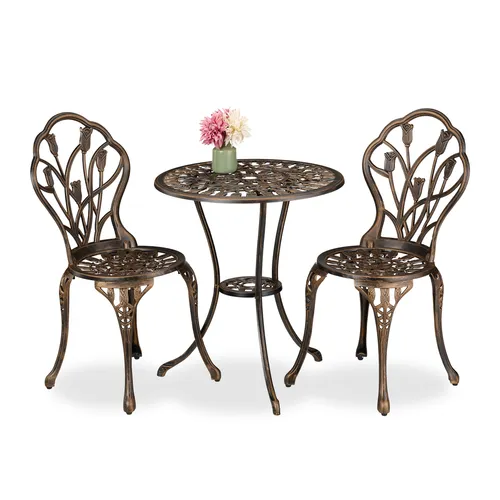 Relaxdays Gartenmöbel Set 3-teilig - Antikdesign für Balkon und Terrasse - Bistroset für 2 Personen mit rundem Tisch und 2 Stühlen in nostalgischem Schwarz-Bronze, stabil und ideal für entspannte Stunden im Freien.