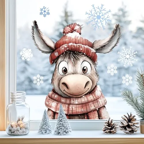 Sunnywall Fensterbilder Winter für Kinder Tiermotive in Winterszene als statisch haftende Fenstersticker, WIEDERVERWENDBAR (Esel (Mütze & Schal), A4 Bogen)