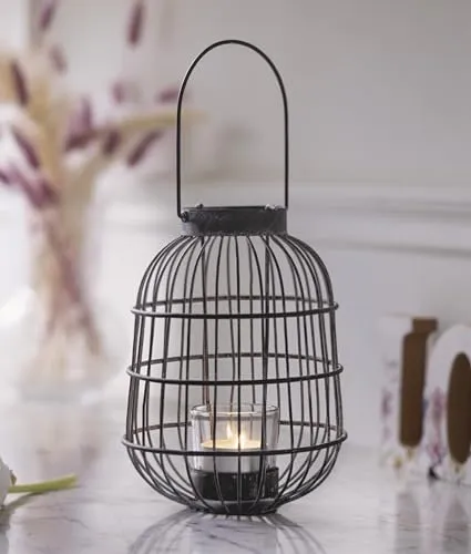 Wetterfeste Windlicht Laterne aus Metall - Hängelaterne für den Outdoor-Bereich, grau lackiert und weiß gekalkt, mit herausnehmbarem Windlichtglas - ideal für stimmungsvolle Balkon- und Garten-Deko.