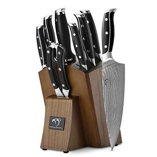 9er Küchenmesserset Schärfen für Kochmesser Set mit Block, Damaskus Profi Messer Edelstahl Steakmesser für mit Holzgriff Küchenmesser Schärfer und Schere by NanFang Brothers