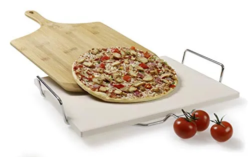 HeRo24 Pizzastein 38×29 cm – 1,3 cm starker Cordierit-Stein mit Metallhalter, Pizzaschneider & Bambus-Pizzaschieber – Backstein für Pizza, Brot & Flammkuchen