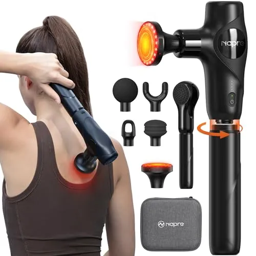Massagepistole mit Wärmefunktion und Rotes Licht,NAPRE 3-in-1 Mini Massage Gun Massage Pistole mit Abnehmbar Verlängerung,Muskel Percussion Massagegerät für Rücken Nacken Körper,Ultra-Leise & Klein