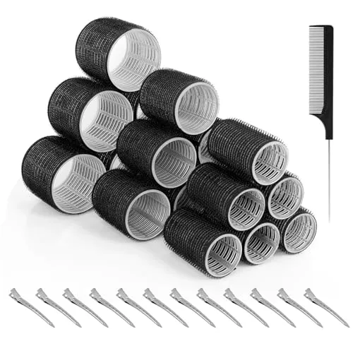 Romon Lockenwickler Locken Set, 31 Stück Schwarz Lockenwickler Set, Selbsthaftend Hair Rollers 60mm 45mm 36mm mit 12 Stücke Haarspangen Groß Hitzefreie Haarwickler für Lange Medoum und Kurze Haare
