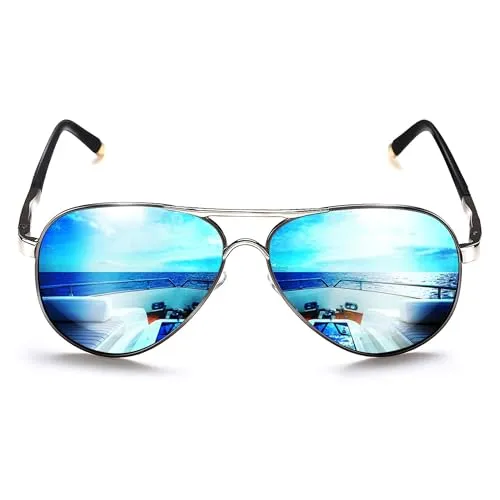 ROCKNIGHT Pilotenbrille, polarisierte Sonnenbrille für Männer und Frauen, Metallrahmen, flache Oberseite, leichte blaue Spiegelgläser, UV400, für den Außenbereich
