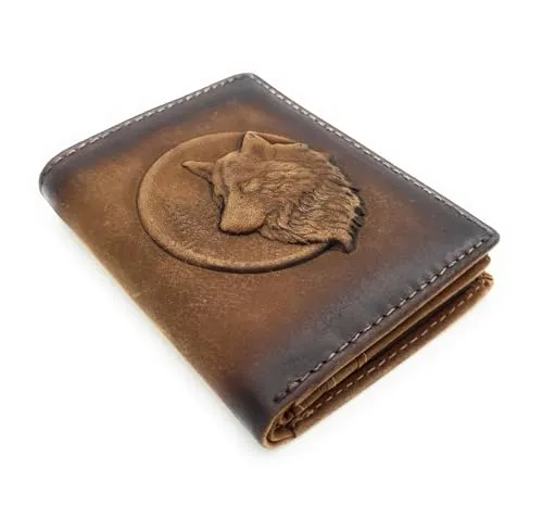 echt Leder Mini Geldbörse mit RFID Schutz – 3D Wolf (braun) - Herren-Geldbörsen aus hochwertigem Büffelleder mit einzigartiger Wolf-Prägung. Schützt deine Daten dank RFID-Schutz und bietet optimale Organisation mit mehreren Fächern.