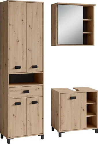 byLIVING Badmöbelset WELLNESS 3-teilig - Badezimmer-Set mit Spiegelschrank, Waschbeckenunterschrank und Hochschrank in modernem Design, LED-Beleuchtung und viel Stauraum für eine geordnete Aufbewahrung.