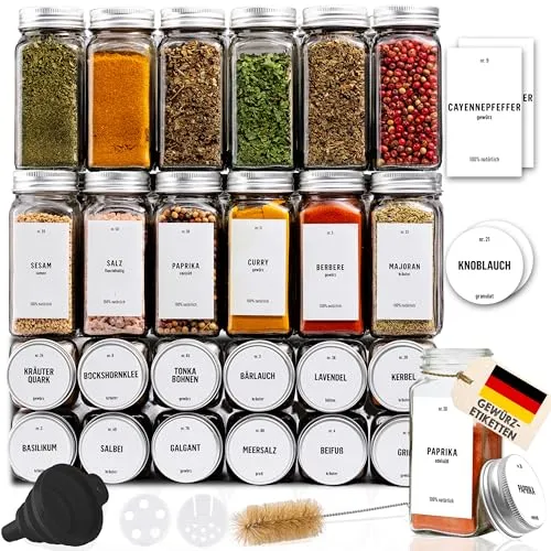 Deco haus® Gewürzgläser eckig luftdicht 24er Set [inkl. Etiketten & Streueinsatz] - Gewürzdosen Set Glas - Gewürzbehälter Spice Jars - Gewürze Aufbewahrung - Gewürz Organizer - Gewürzaufbewahrung